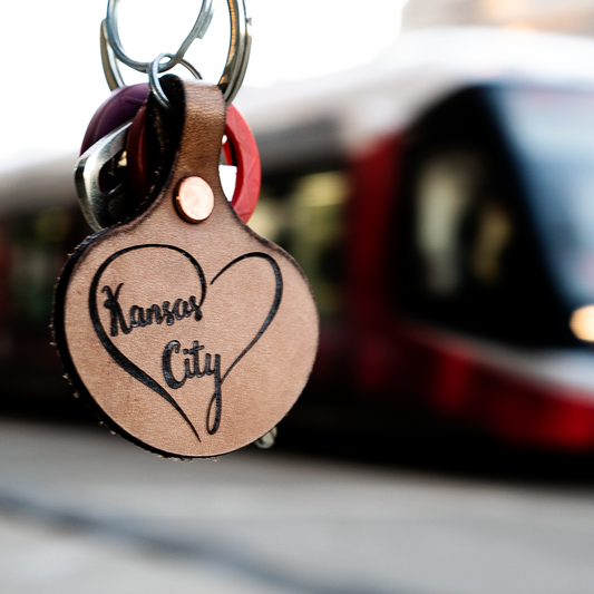 Kansas City In Script In Heart Keychain